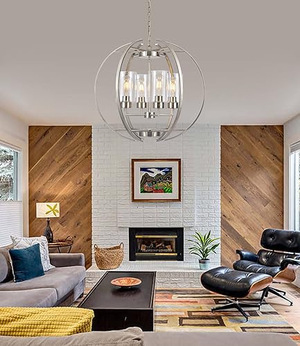 Miniatura 7 de Candelabro de globo de níquel cepillado para comedor, accesorios de iluminación colgante de techo con pantallas de vidrio transparente de 24