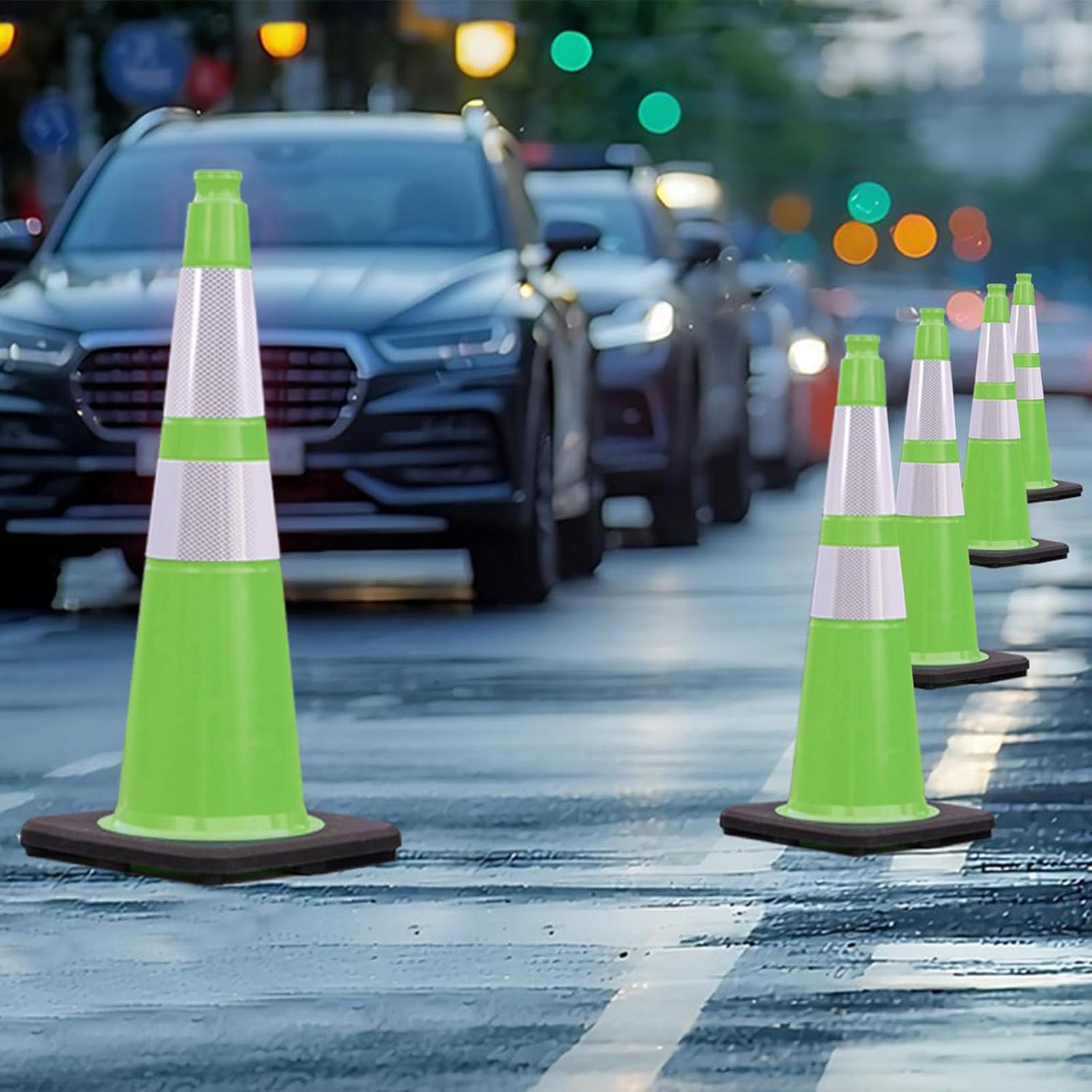 Cônes de Sécurité en PVC avec Base Noire Robuste,Cônes de Stationnement Vert Fluorescent pour Garage,Structurels et Résistants aux Intempéries(Size:C,Color:4pcs)