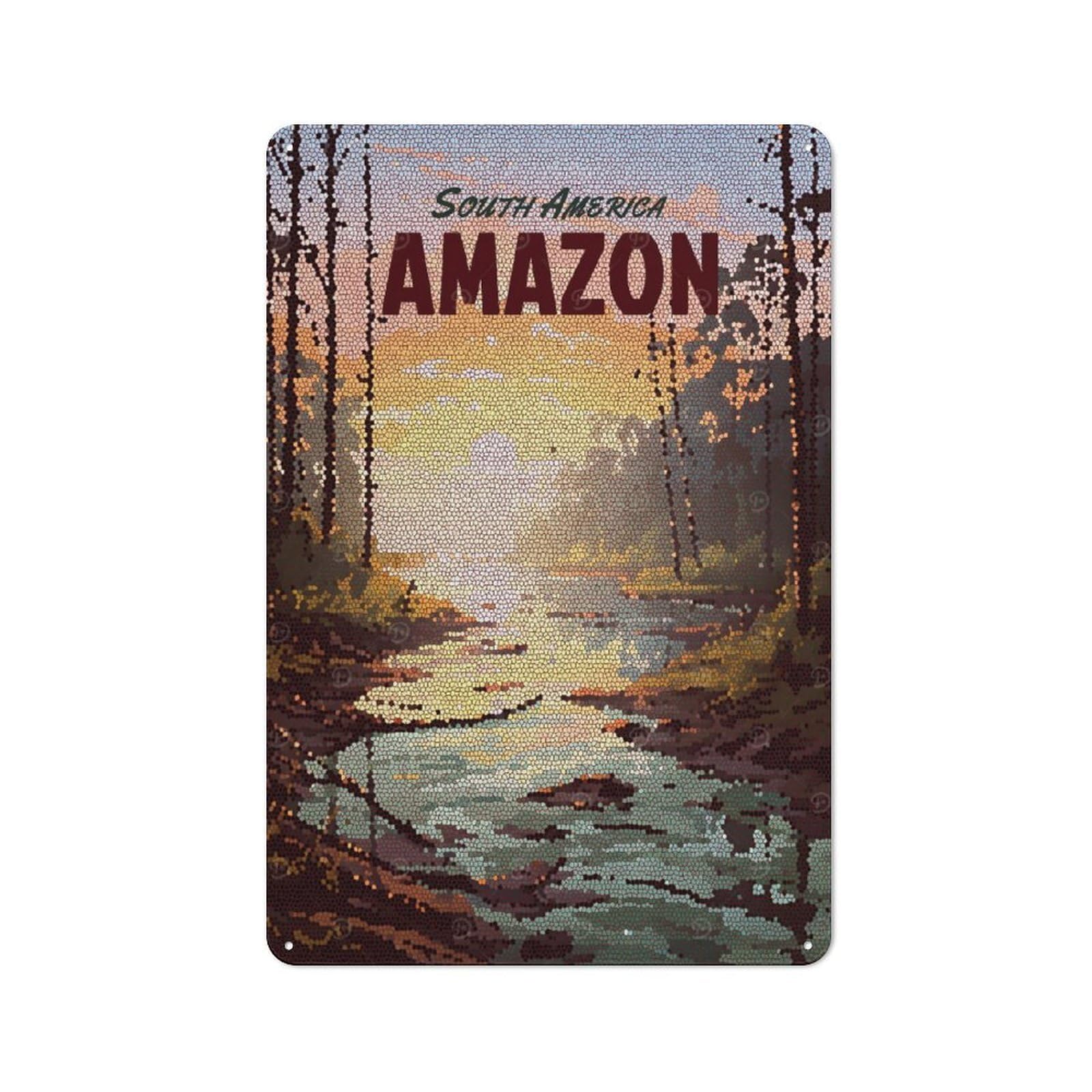 Junmoney Style-4 Modern Vintage Amazon River Mosaic Office Metal Sign 30X20cm, Creative Space Decor For Hobby Room, Office, Lounge Or Living Room