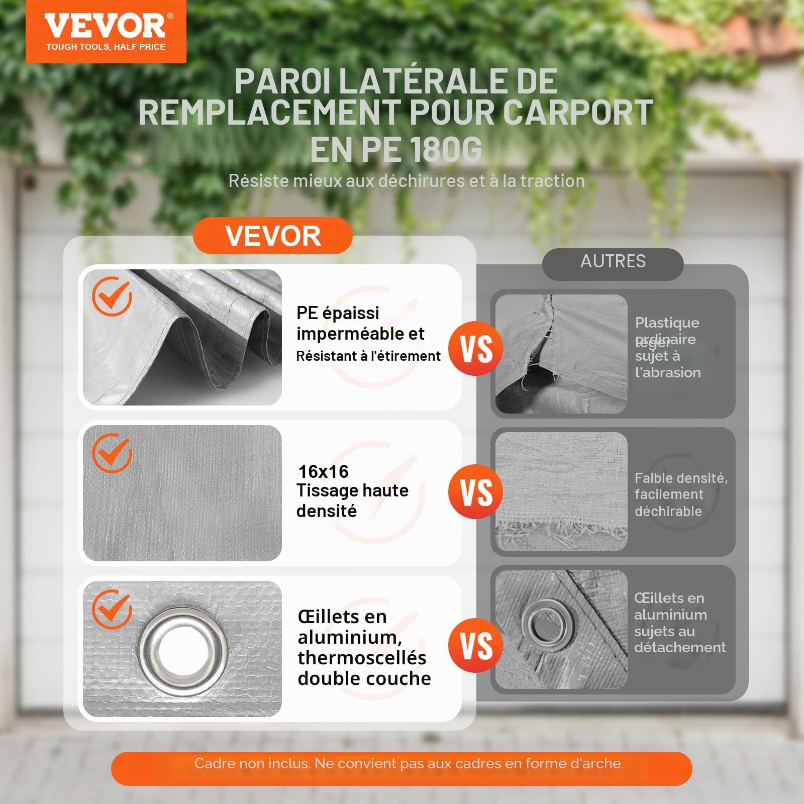 VEVOR Toile d'auvent de rechange pour abri de voiture, 6,1x4 m, bâche de garage paroi latérale, imperméable protégée contre UV, installation facile élastiques à billes, gris (haut et cadre non inclus)