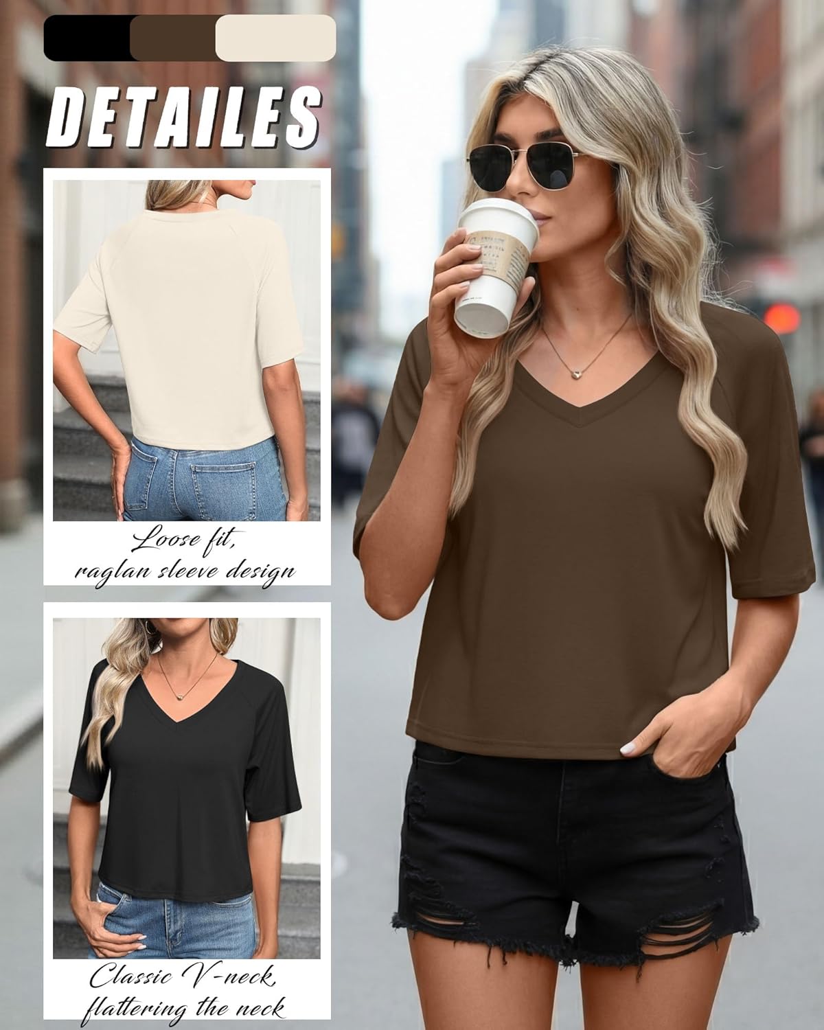 3 Pack Women's Cropped Tops V Neck Half Sleeve Crop T-Shirts Raglan Sleeve Loose Fit Casual Summer Basic Tees - Image 3