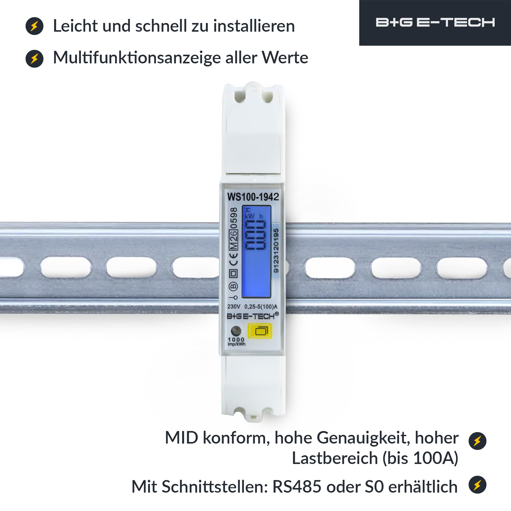 Contatore elettrico bidirezionale [WS100-1942-MID 24] Energia di importazione ed esportazione con 2 uscite di impulso S0 (importazione/esportazione), elevata capacità di carico fino a 100 A, design