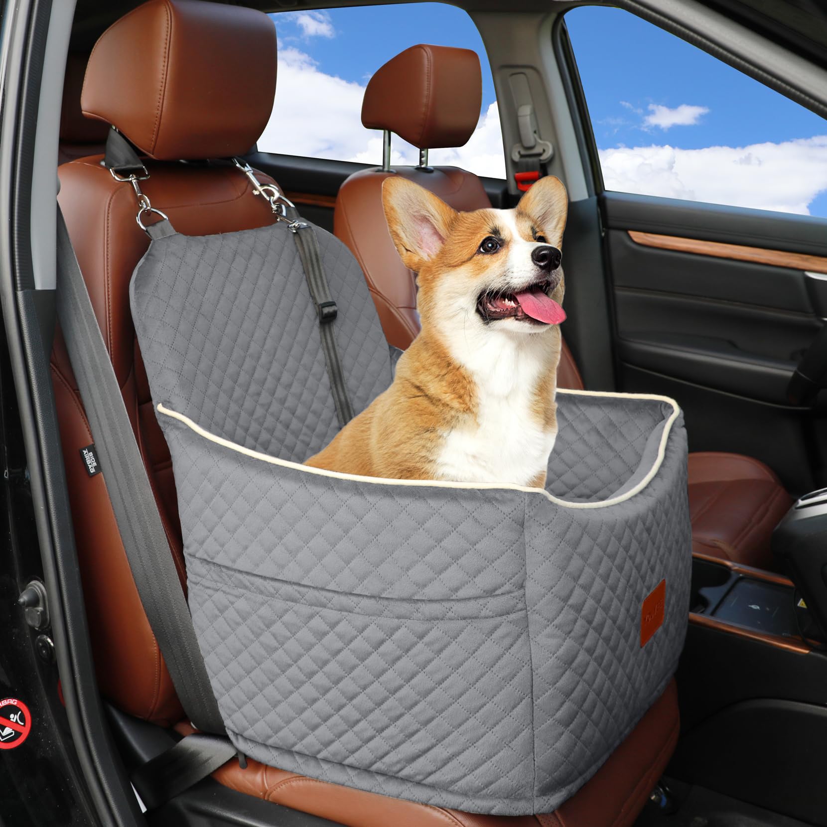 Youvee Dog Car Seat,Elevated Pet Booster Seat with Interior Height 6 Inches for Small Dog up to 30 lbs,Memory Foam Dog Travel Safety Seat for Car Front/Back Seats,Detachable and Washable(View II-Grey)