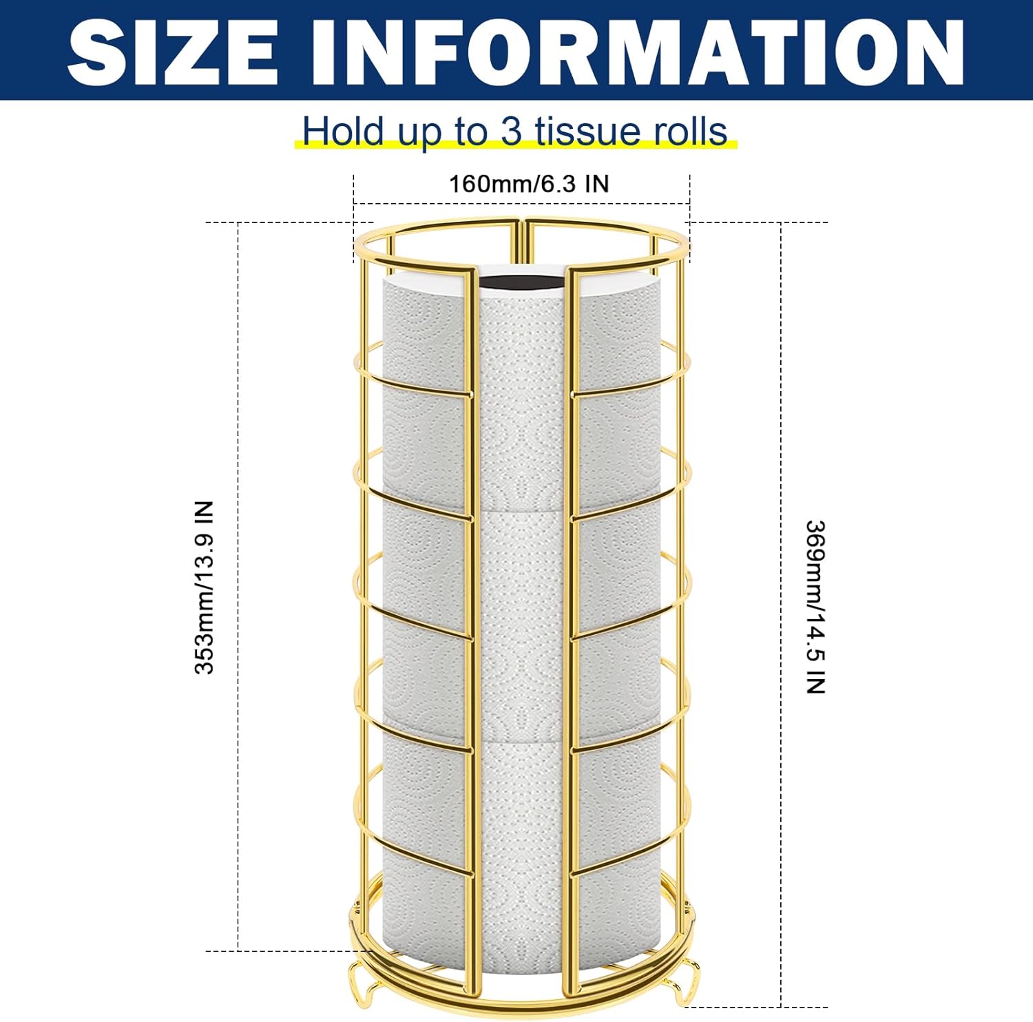 NearMoon Toilet Paper Organizer Stand, Free Standing 3 Rolls Tissue Storage, Metal Bathroom Accessory, Rustproof Toilet Roll Holder for Kitchen Countertop Inside Cabinet Shelf(Metal Base, Gold) Gold Metal
