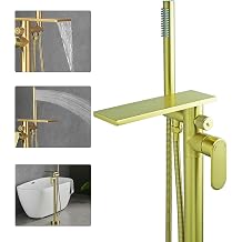 Free Standing Tub Taps, Floor Mount Freestanding Bath Tap, Waterfall Stand Alone Bathtub Filler, High Flow Bathtub Shower Mixer Tap, Brushed Gold