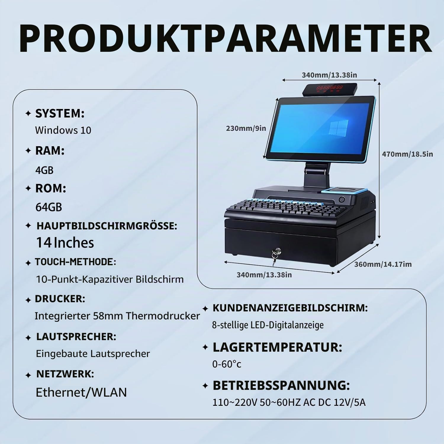 14-Zoll-All-in-One-Kassensystem, POS-Kasse mit Touchscreen, Verstellbarer Winkel, Eingebaut 58-mm-Drucker, 4 GB RAM, 64 GB SSD, Smarte Kasse für Kleine Unternehmen und Restaurants Blue
