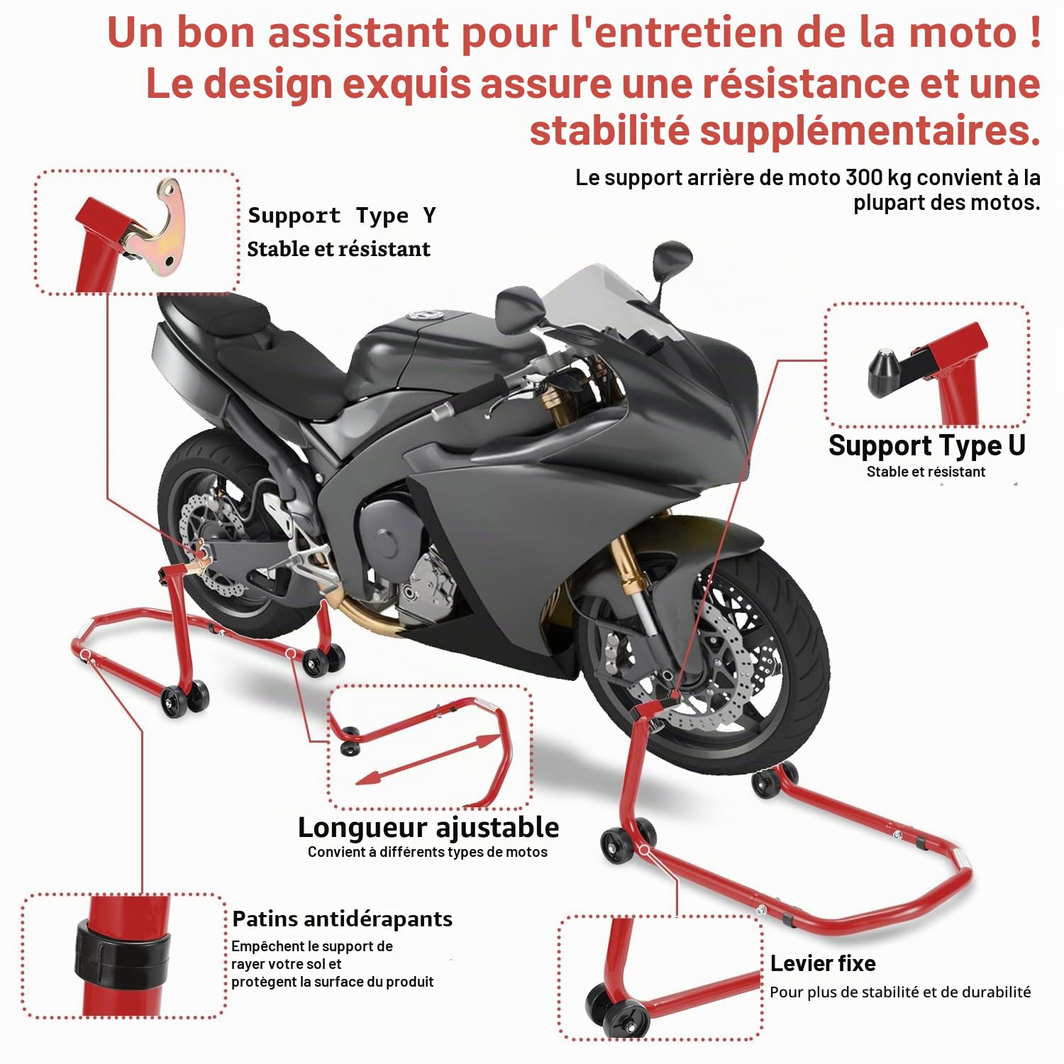 Béquille de moto arrière avec double roulettes, largeur réglable, travaux de montage pour motos jusqu'à 300 kg, stabilité (rouge)