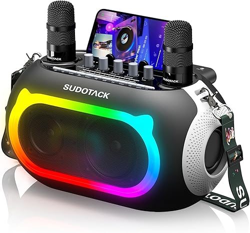 SUDOTACK Máquina de karaoke con 2 micrófonos inalámbricos, máquina de karaoke para TV, altavoz Bluetooth portátil con ajuste de eco, bajo, agudos