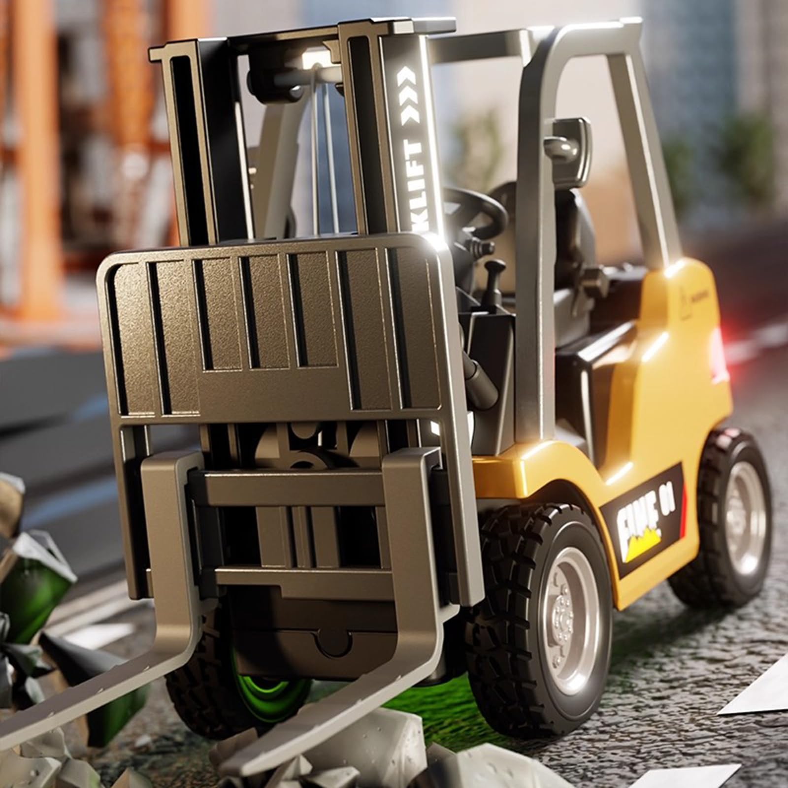 2set 1/64 Full Proportional RC Forklift Toy, Alloy Forklift Toy Car Model 2 in 1 Transformable Lift Fork & Hook Engineering Vehicle Tabletop Toys with Lights & Sounds Gifts for 4+ Kids