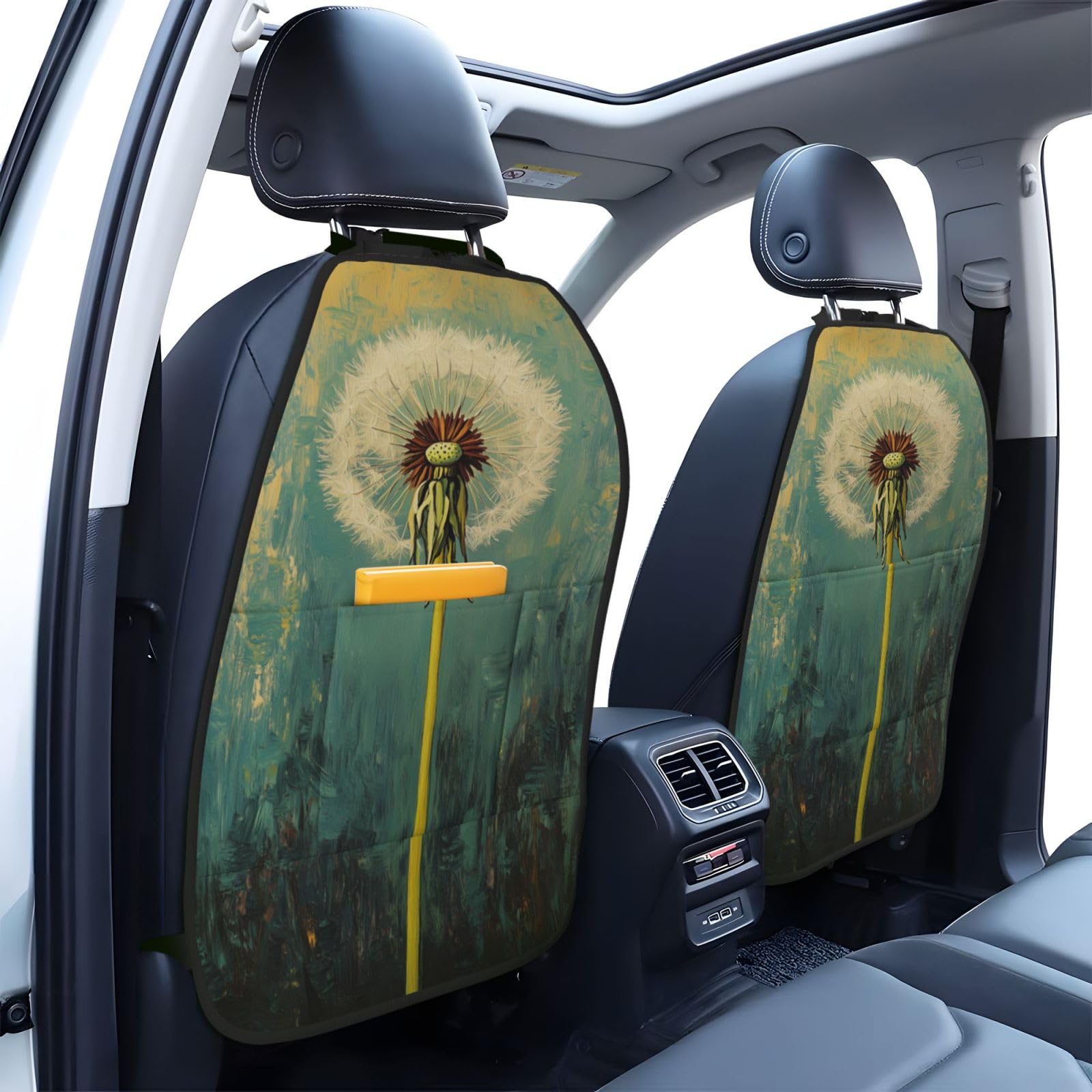 Single White Dandelion Car Seat Back Kick Protectors,2 Pack Kick Mats With Storage Pockets For Vehicles To Protect From Dirt Mud Scratches