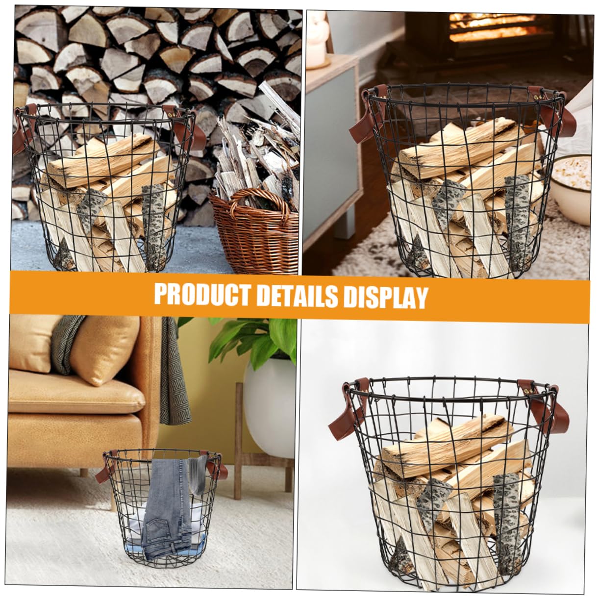 Cesto Rotondo in Ferro Design Rustico per Legna da Ardere con Grande Capacità e Maniglie, per Uso Interno in Cucina