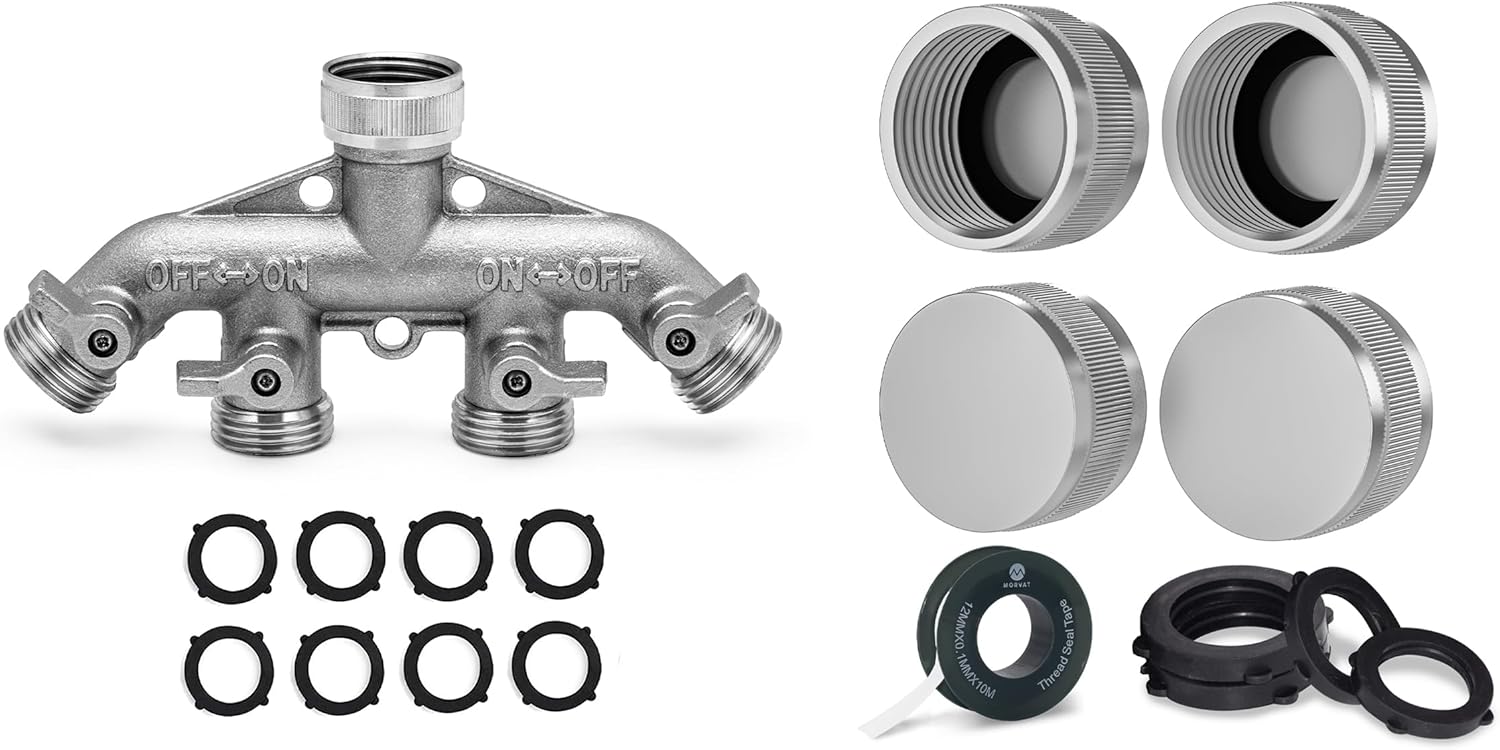 Morvat Heavy Duty Nickel Plated Brass 4-Way Garden Hose Splitter, Hose Bib Outlet Splitter with Updated Handles PLUS Garden Hose Cap, Nickel Plated Brass Outdoor Faucet Cap, 3/4" Threading, 4 Pack