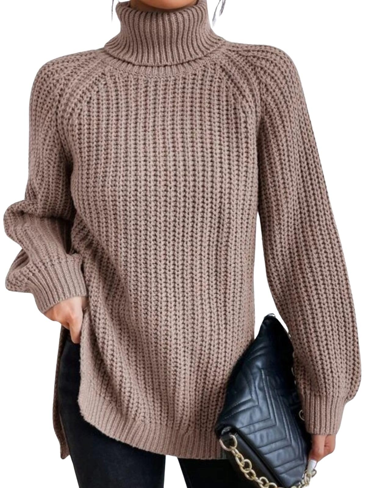 Womens Turtleneck Sweater Cable Knit Sweater Fall Long Sleeve Ribbed Tunic Pullover Sweaters Fashion Winter Clothes