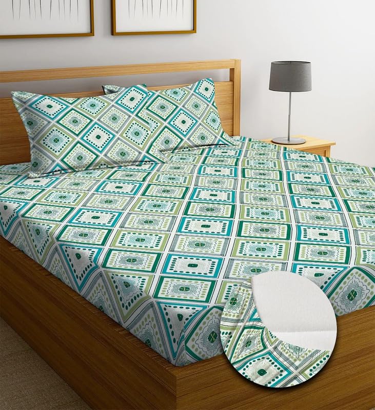 Image of NHD HOME Premium Cotton Elastic Fitted Floral Bedsheets With 2 King Size Pillow Covers Double Bed With All Around Elastic Supersoft Size - 72X78 +10 Inches Tradional Pattren Green&Blue - 220 Tc