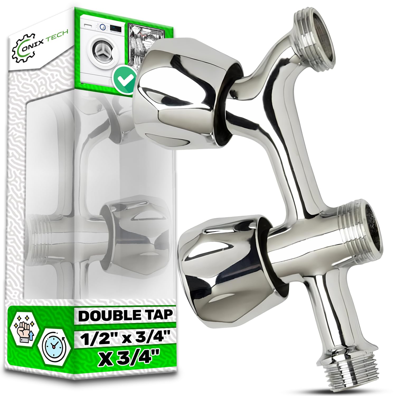 Doppelter Wasserhahn aus Verchromtem Messing 1/2 Zoll x 3/4 Zoll x 3/4 Zoll für Waschmaschine und Geschirrspüler Eckventil - Garantie 5 Jahre - ONIX TECH