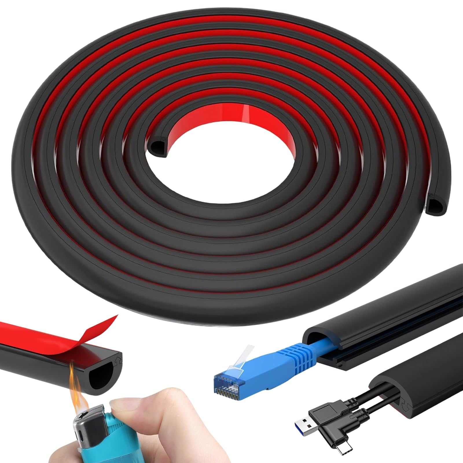 5M Mini Cable Trunking, 14x10mm Self-Adhesive Cable Cover, Black Flexible TV Wire Hider, Half Round Wire Cover, Cables Management Trunking, Cables Raceway for Home, Office, Wall, Floor