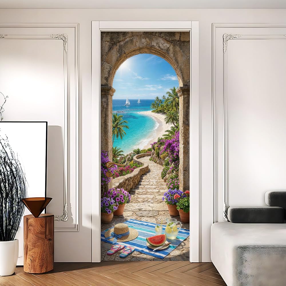 Stone Arch Door Mural, Ocean View Door Cover, 30.3x78.7in
