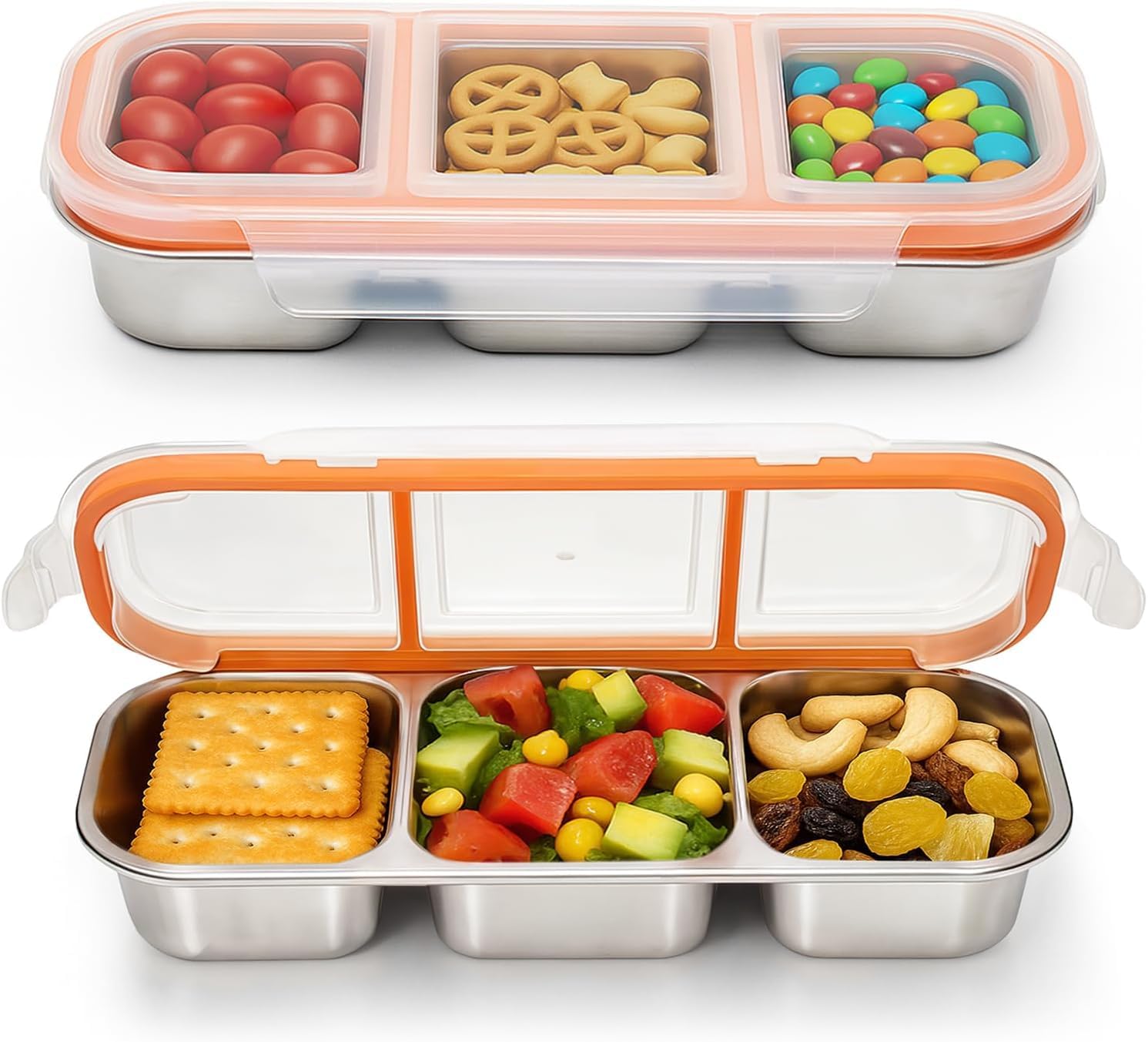 Hossejoy 2 Pack Stainless Steel Snack Containers with Lids, Leakproof, BPA Free Bento Lunch Box with 3 Compartment, Reusable Food Storage Containers for Daycare, School, Work, Travel