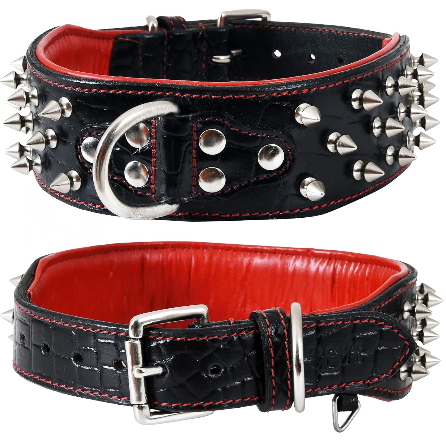 DowgClub Premium Genuine Leather Spike Dog Collar, Crocodile Pattern, Gator Design | Full Grain, Heavy Duty, Exotic, Distinguish, 2" Wide (Onyx Black,