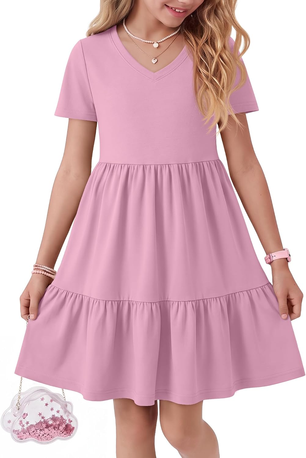 Girls V Neck Short Sleeve Dress