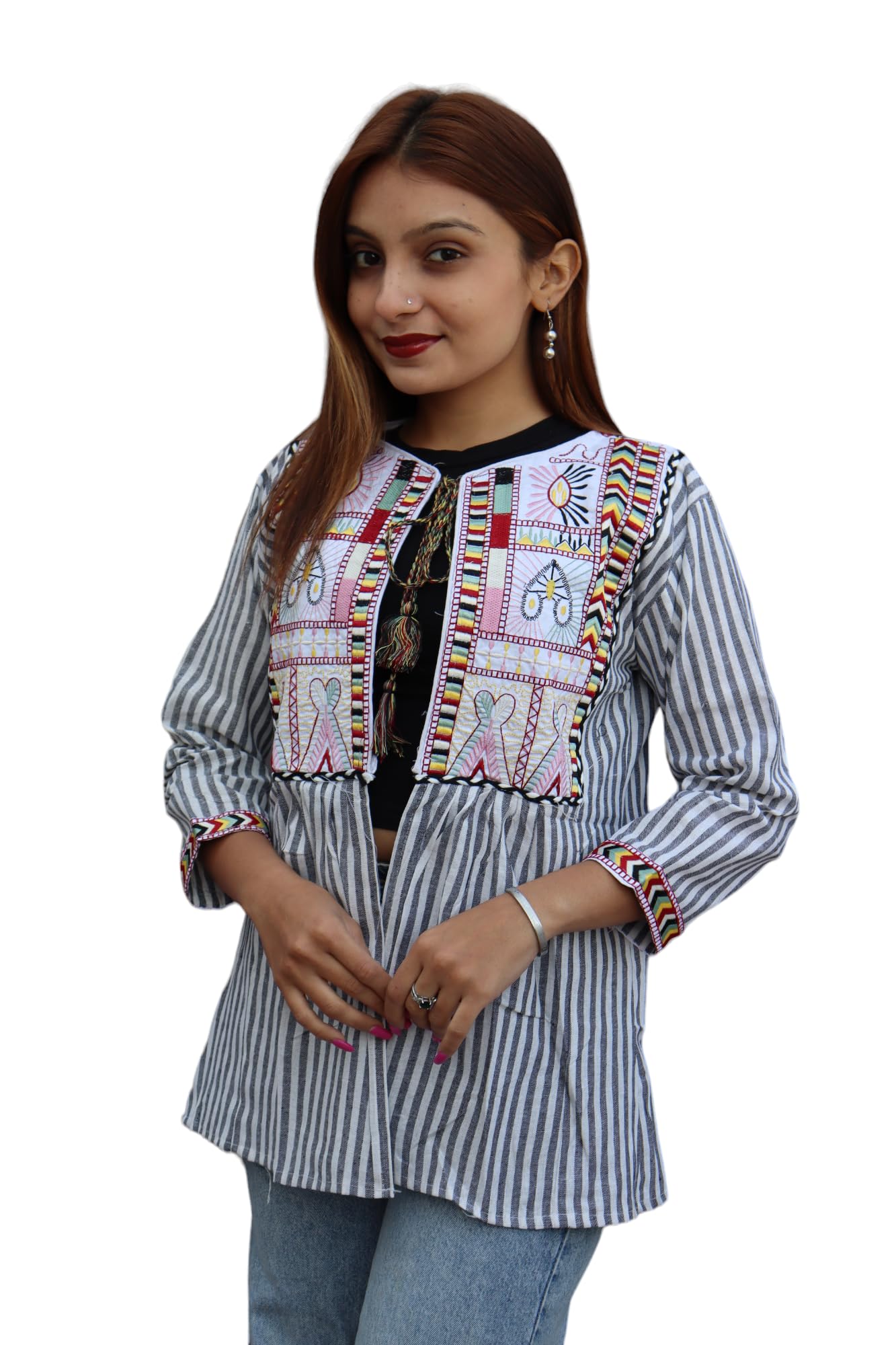 odhan Women's Striped Embroidered Jacket, Black & White, Tassel Detail, Ethnic Boho Style, 3/4 Sleeves-picture-11