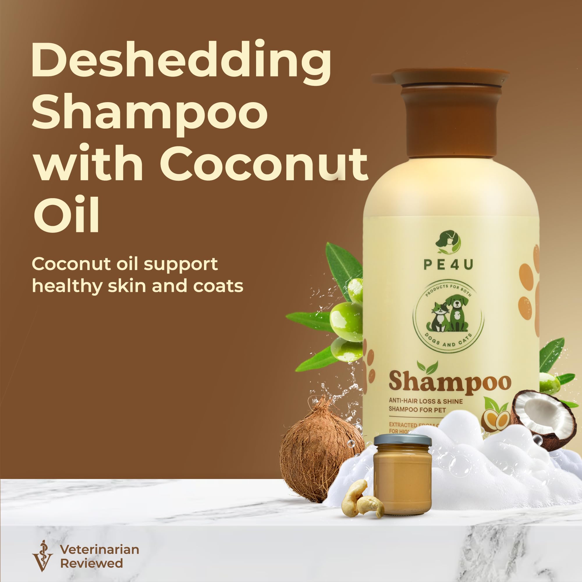 PE4U Natural Pet Shampoo for Dogs & Cats – Smooth Coat, Reduce Shedding & Odor Control – Coconut & Olive Oil Formula - Safe for Sensitive Skin, Hypoallergenic, Relieve Dry Skin - [1 Box + Gift]