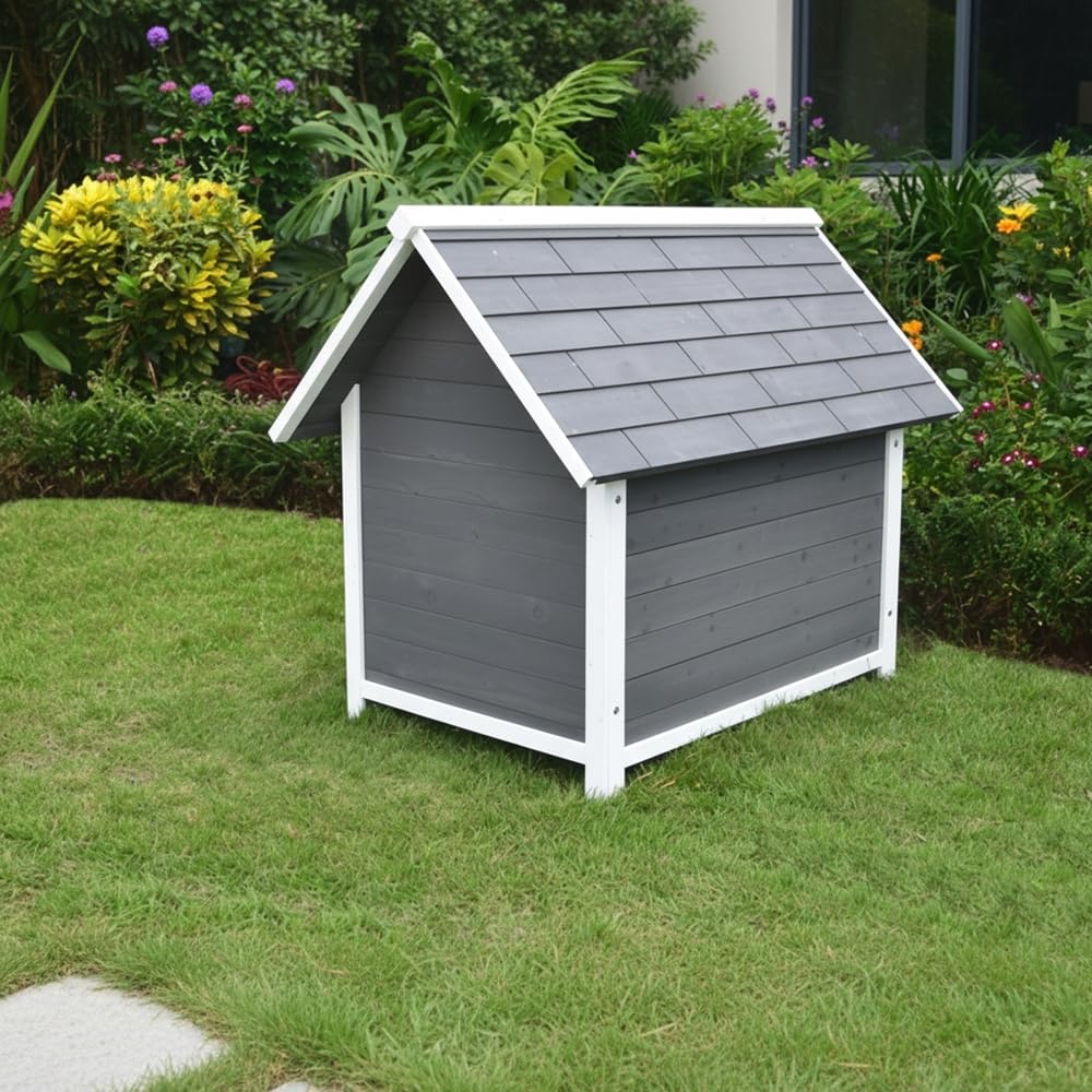 Melko Hundehütte Hundehaus XXL Holz wetterfest 75x115x95 cm Grau Weiß | Blockhaus-Design mit Dachüberstand, erhöhte Standfüße gegen Feuchtigkeit, Eingang 34x44 cm, für mittelgroße Hunde, lasiert