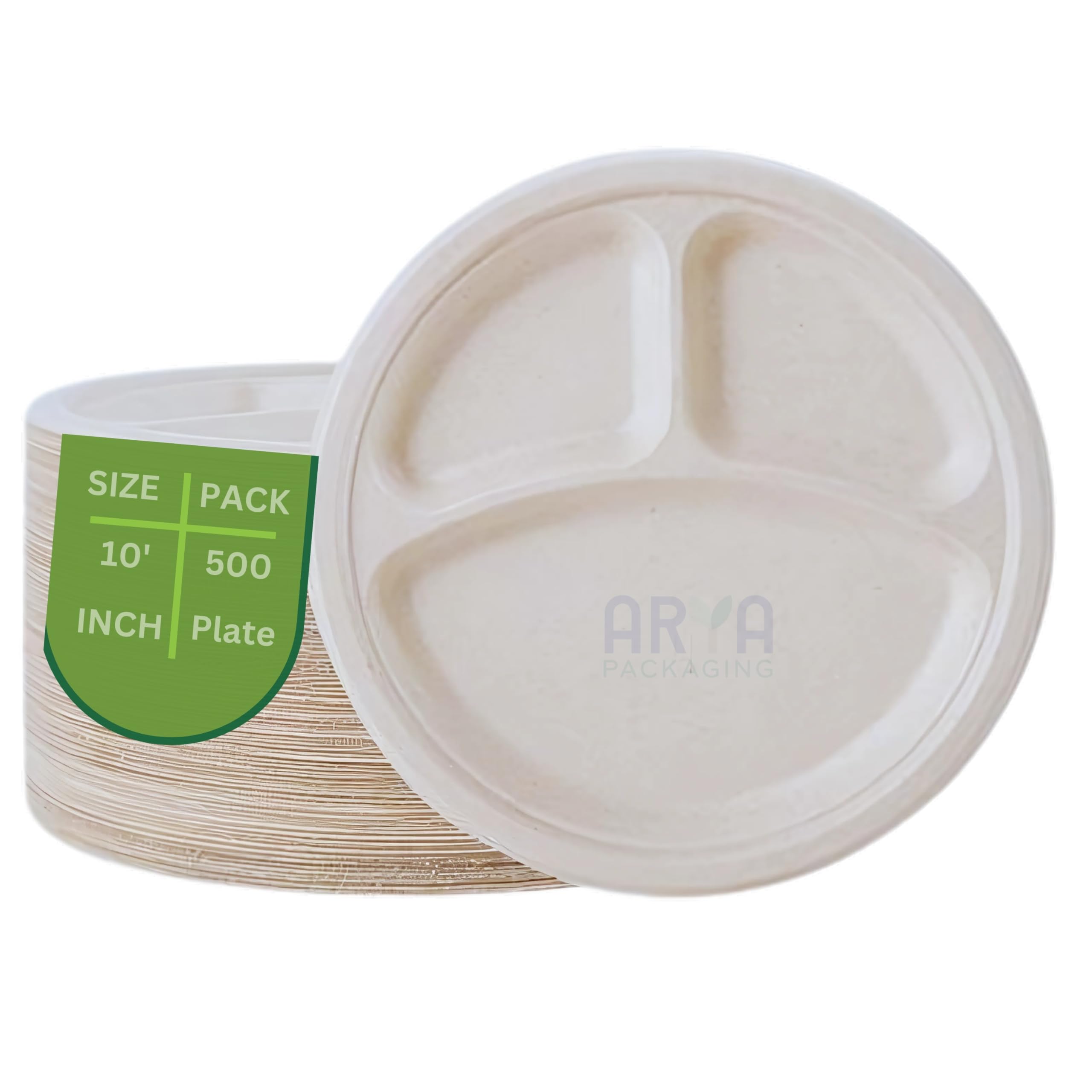 Arya PACKAGING Disposable Plates 10” inch 3 Compartment Round Plates, Sugarcane Bagasse Paper Trays, Perfect for Parties Picnics Family Dinners and Celebration Portion Control Plates. (Pack of 500)