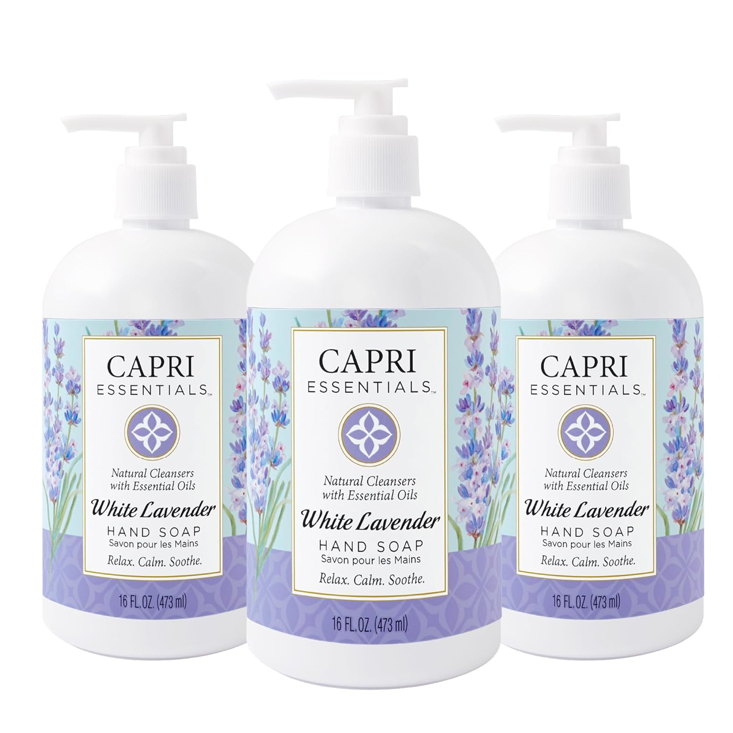 CAPRI ESSENTIALS Hand Soap Liquid, Natural Household Cleaning Supplies, Gentle Plant Based Aromatic Hand Wash, Blend of Essential Oils, Removes Dirt & Grime, White Lavender Scent, 16 FL Oz (6 Pack)