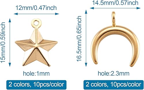 Miniatura 2 de 40 colgantes de acero inoxidable 304 con forma de estrella y media luna de 2 colores de doble cuerno y estrella, colgantes sólidos, pulseras de
