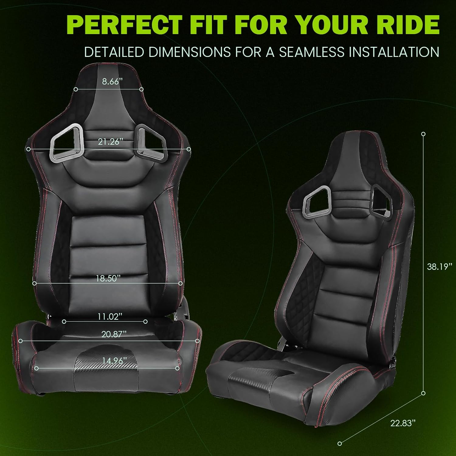 Universal Pairs of Racing Seat with Dual Sliders, PU & Suede & Plaid Front+Carbon Leather Back Reclinable Bucket Seat, Black PU+Side Suede+Red Stitch
