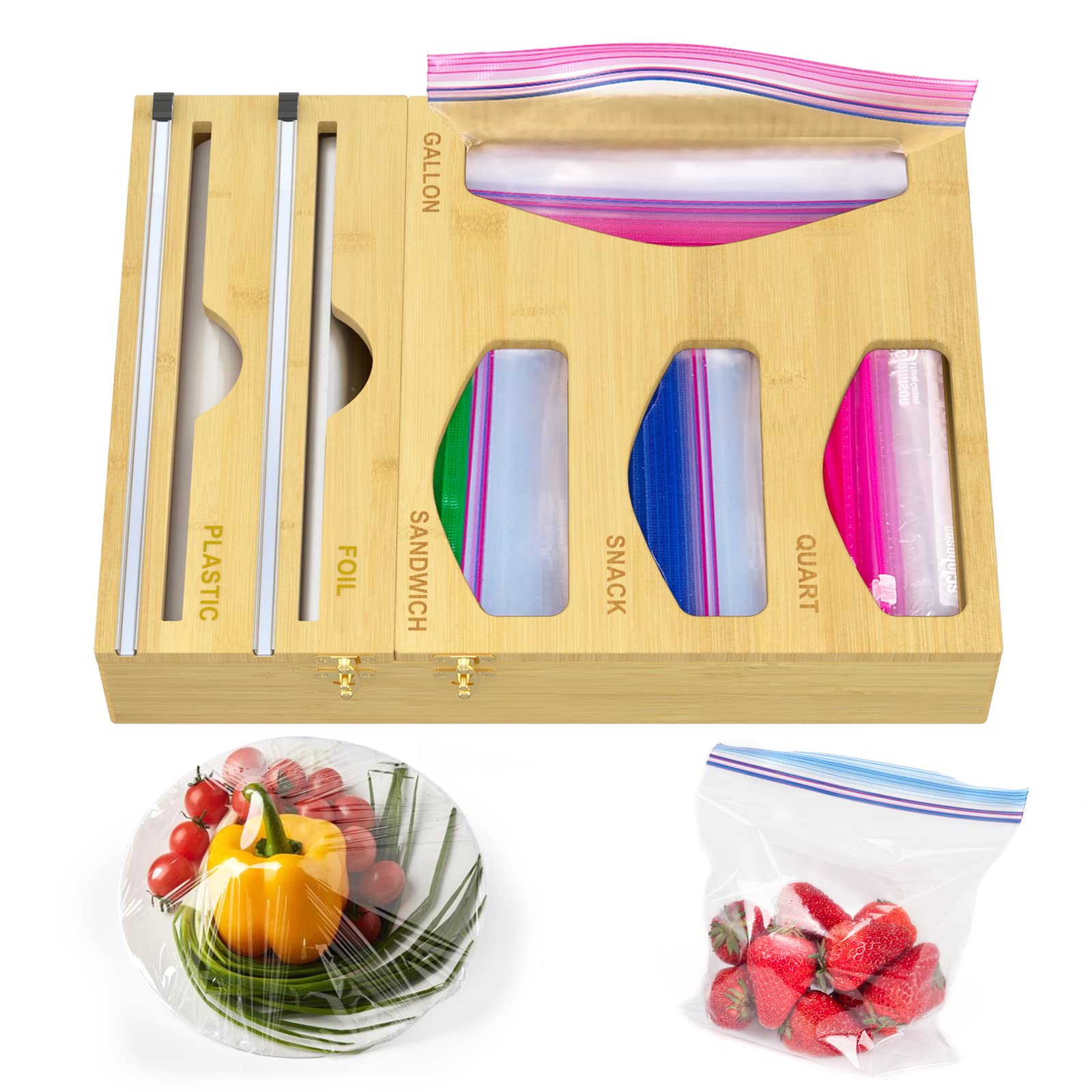 Carmanon Foil and Plastic Wrap Organizer with Sandwich Bag Storage Organizer for Kitchen, Bamboo Aluminum Foil Dispenser with Cutter, Plastic Food Bag Organizer for Sandwich Snack