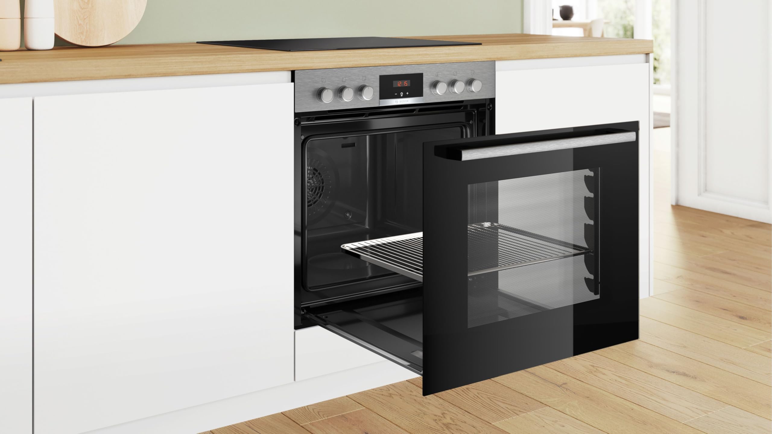 Bosch Serie 4 Einbauherd-Set HND411LS67 60 cm 3D-Heißluft mit Backwagen HEB513BS3, Elektro-Kochfeld 60 cm Edelstahl