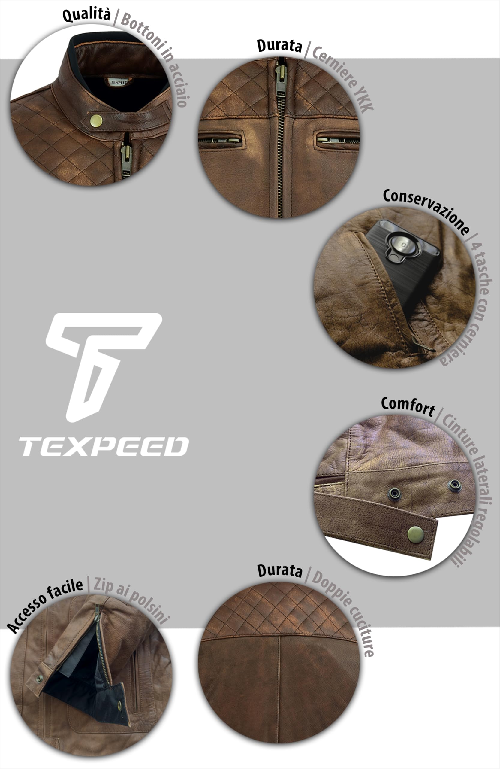 Texpeed Giacca da moto in pelle da uomo - Giacca da moto da turismo con protezione originale da motociclista CE (EN 1621-1) Design trapuntato con cuciture a diamante - Marrone - 3XL