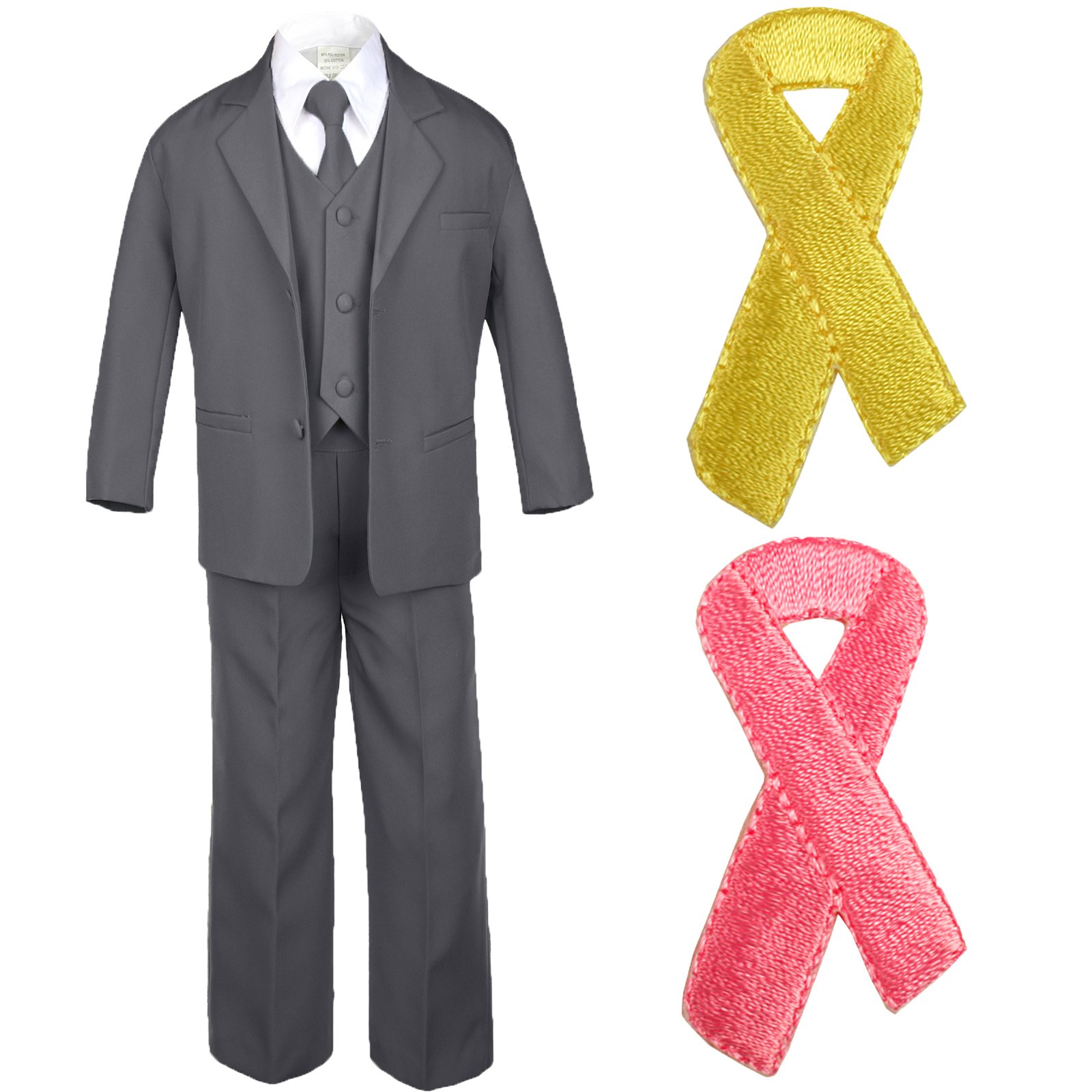 Unotux 5pc Baby Boy Teen Dark Gray Suit w/Cancer Awareness Ribbon Adhesive Hope Patch (M, 5pc Dark Gray Suit Set Only)