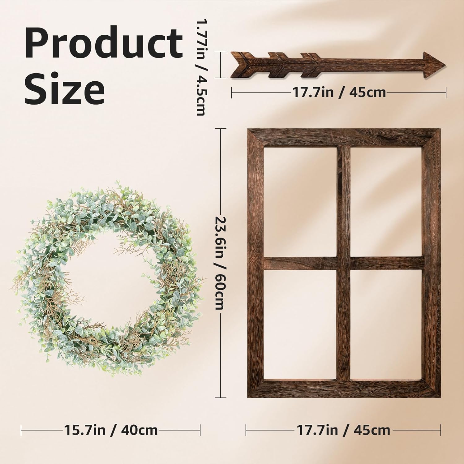 WAKOSAN Rustic Wood Window Frame with Green Wreath and Arrows Wall Decor, Farmhouse Wooden Fake Window Decoration for Bedroom Living Room,Set of 2 (Large Brown)