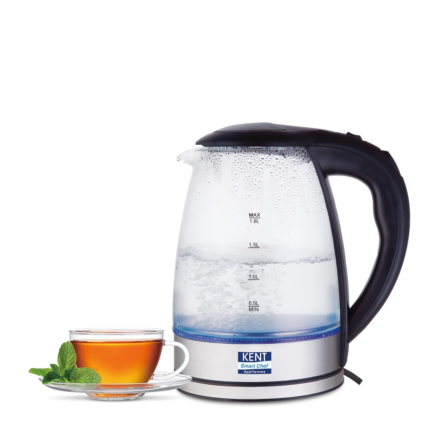 KENT Elegant Electric Glass Kettle, 1.8L, Stainless Steel Heating Plate, Borosilicate Glass Body, Boil Drying Protection KENT Elegant Electric Glass Kettle, 1.8L, Stainless Steel Heating Plate, Borosilicate Glass Body, Boil Drying Protection