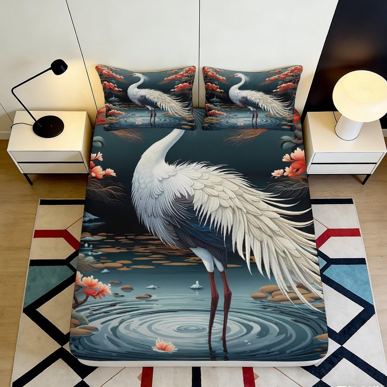 3D Printed Crane Pond Fitted Sheet Microfiber Soft Breathable Lotus Lake Mattress Cover Bedroom Decor Protector 90x200x25cm