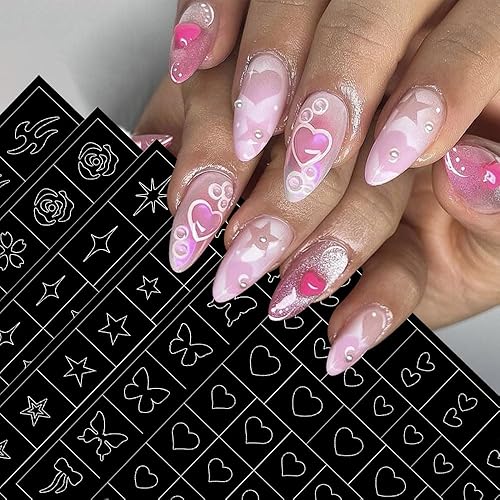 Miniatura 7 de 6 hojas de plantillas de aerógrafo, mariposa hueca 3D, llama, cuatro estrellas puntiagudas, calcomanías de uñas de estrella de corazón, herramienta