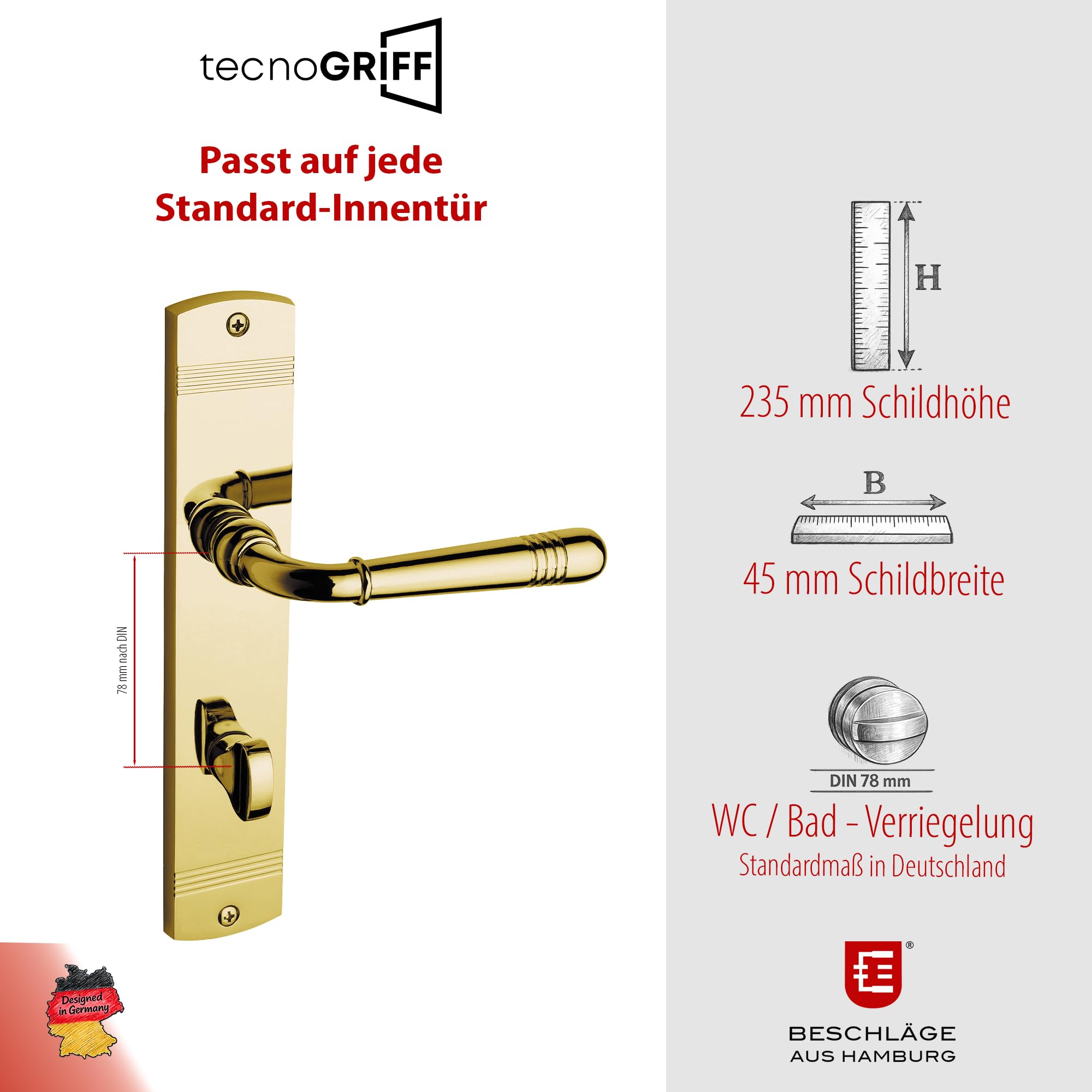 Beschläge Hamburg | Türgriff Türbeschlag | EMILY ART 70-09 MPu WC | Türklinke mit Bad Verriegelung Langschild 45x235 mm für Zimmertüren | Drückergarnitur/Türdrücker für Innentür | in messingfarben
