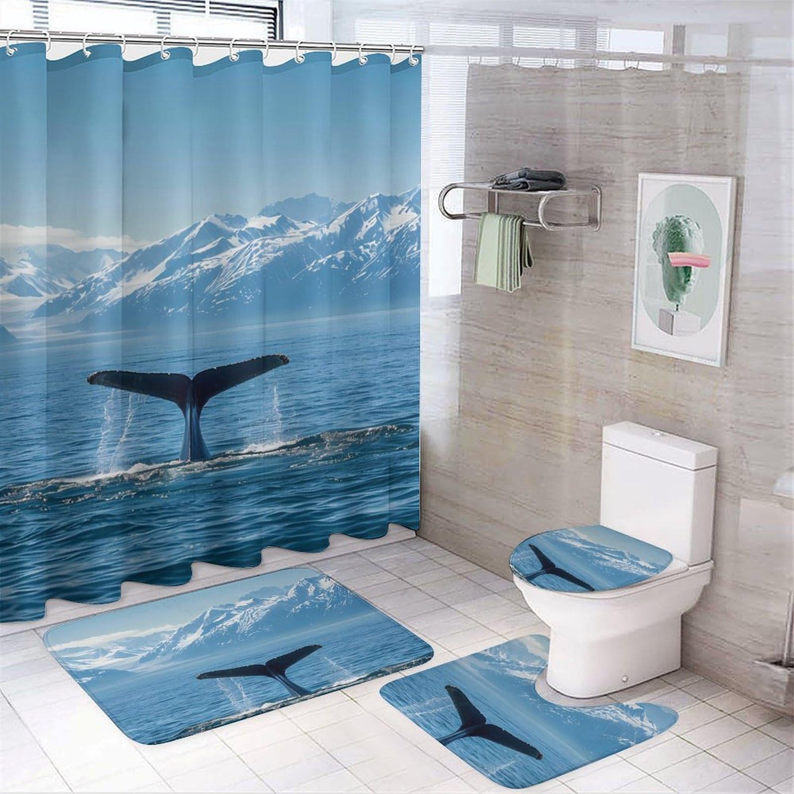 CGSBNGHA U.s.a-Alaska Whale Tail in Mountaines Shower Curtain Set 4 Piece Bathroom Sets with Rugs Toilet Lid Cover And U-Shaped Floor Mat