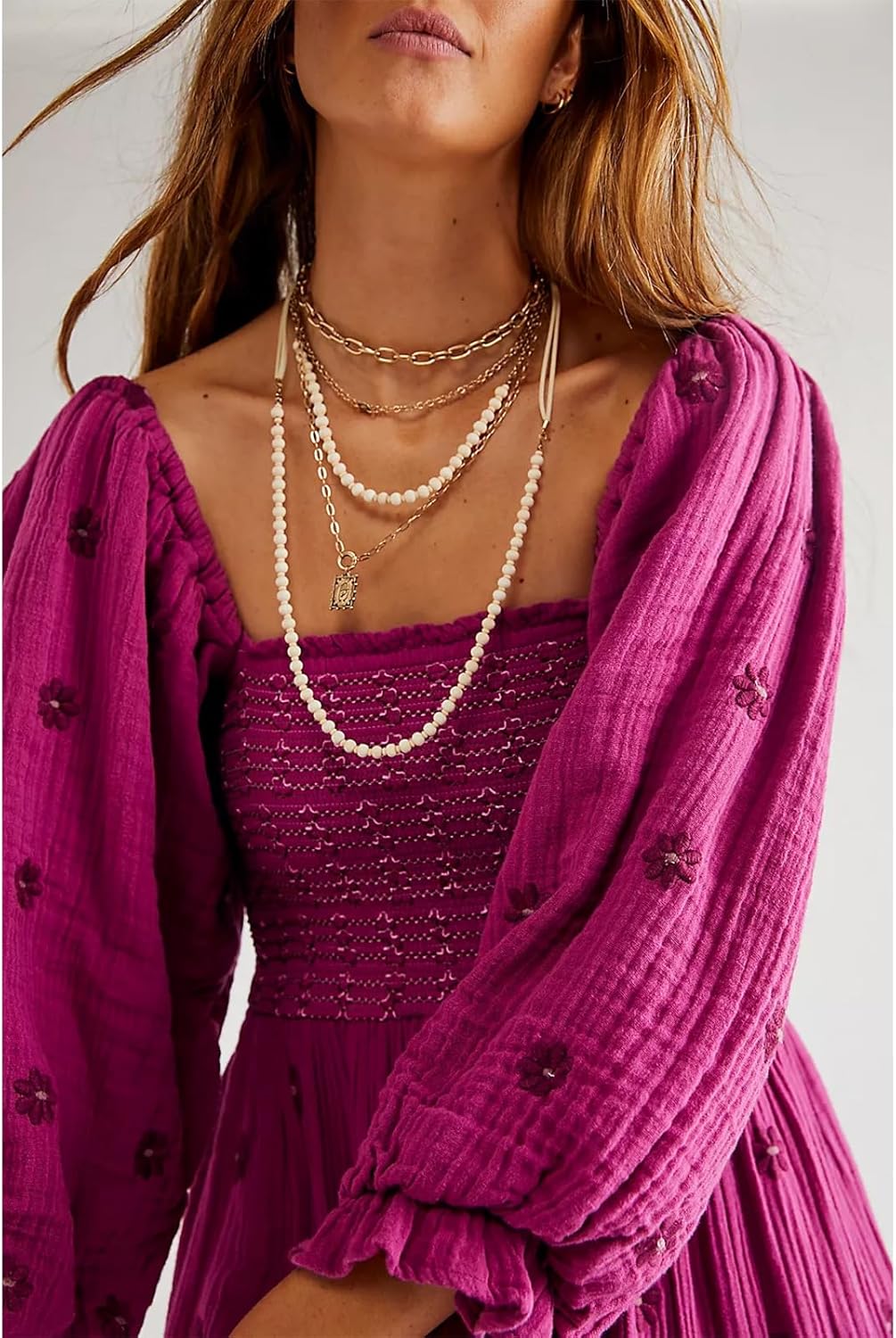 Women Floral Embroidered Maxi Dress Long Puff Sleeve Square Neck Bohemian Flowy Dress with Pockets Summer Fall - Image 3