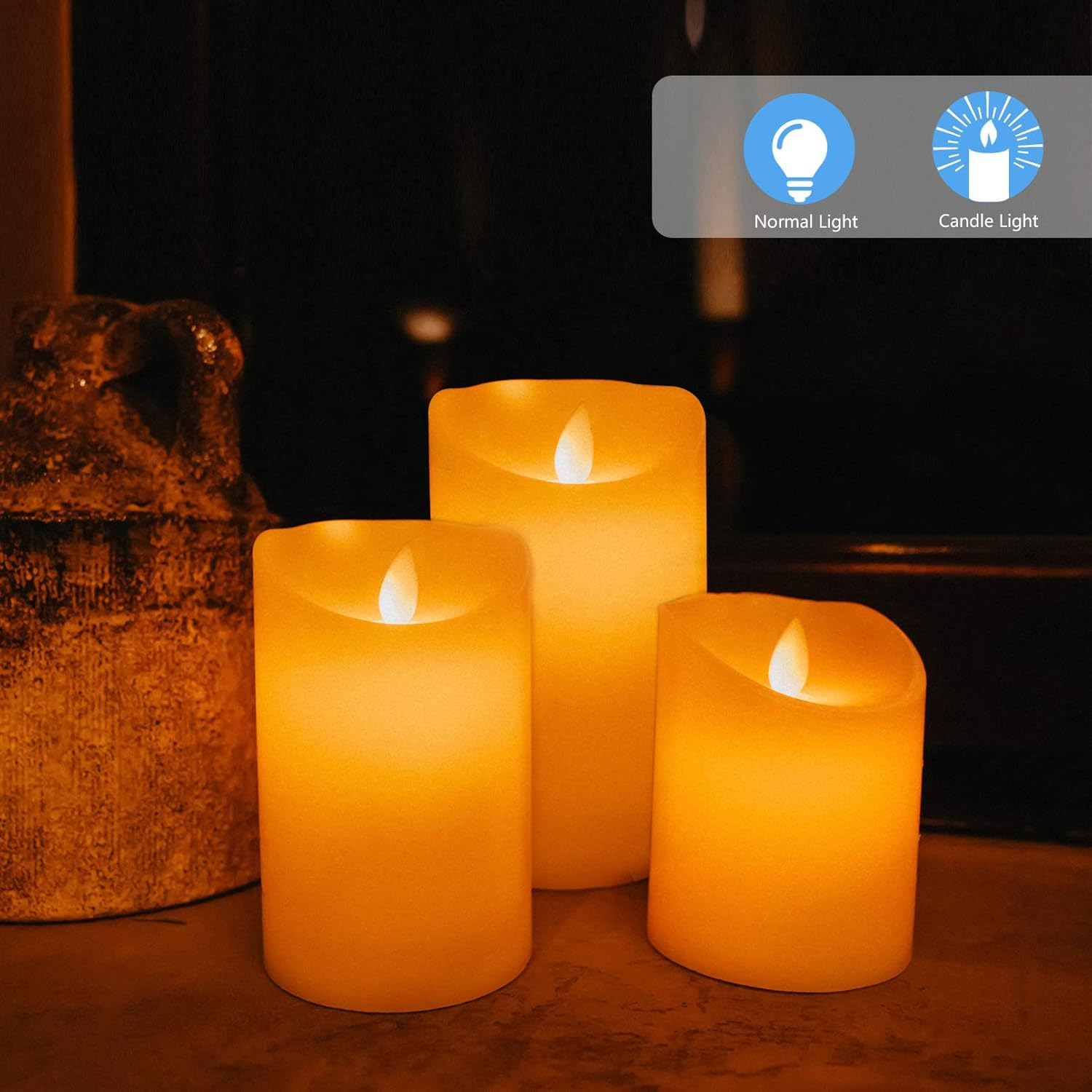 Lezonic LED Flameless Candles Battery Operated with Flickering Warm Yellow Light Moving Wicks Pack of 3 (D 3”×H 4”5”6”) Real Wax Christmas Pine Bark Flameless Pillar Candles with Timer and Remote : Tools & Home Improvement
