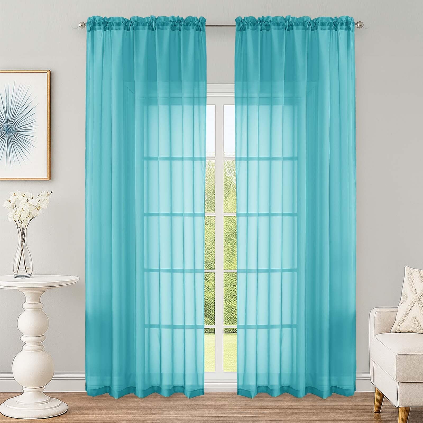 Turquoise Sheer Curtain 90 Inches Long 2 Panels Set, Solid Filmy Drapes for Living Room Bedroom, Elegant Window Voile Sheer Curtain Panels Drapes, 2 Pcs, Each 59" Wx90 L Inch