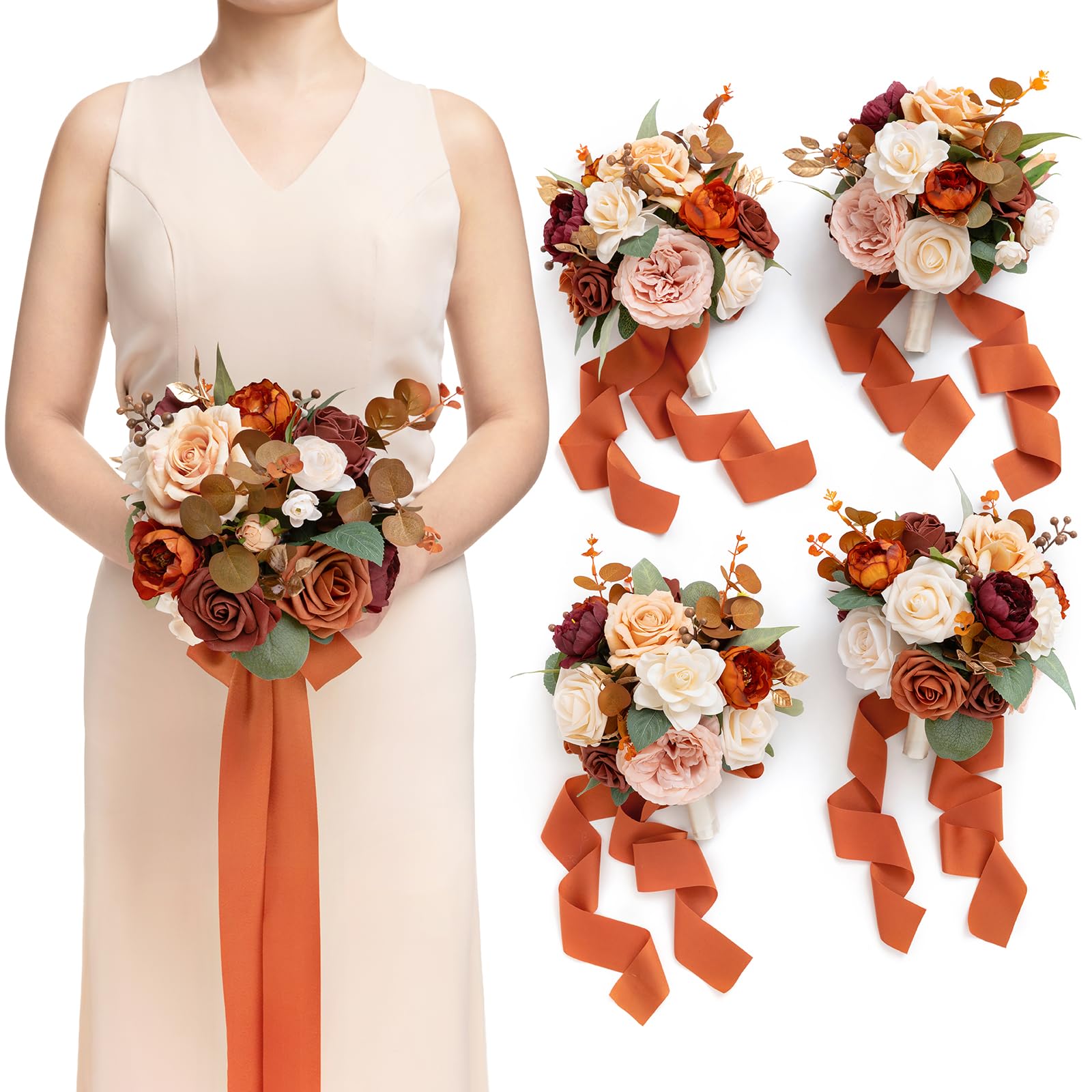 Photo 1 of Ling's moment Artificial Flowers Burnt Terracotta Bridesmaid Bouquet 4 Pcs