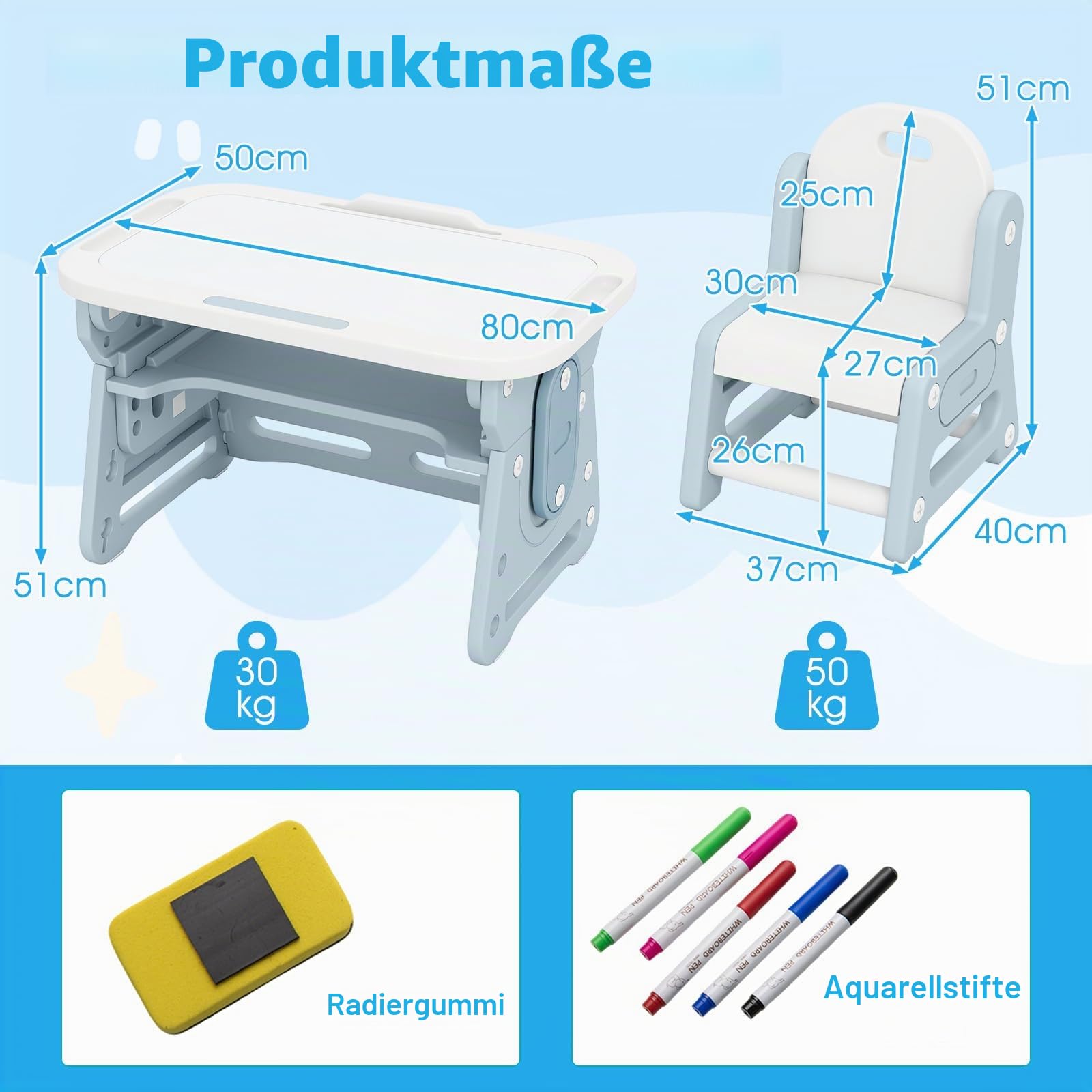 LIFEZEAL Kinder Tisch Stuhl Set, Zeichentisch mit magnetischer Whiteboard & Kinderstuhl, Verstellbarer & neigbarer Schreibtisch mit Stauraum, Maltisch für Kinder ab 3 Jahr (Weiß + Blau)