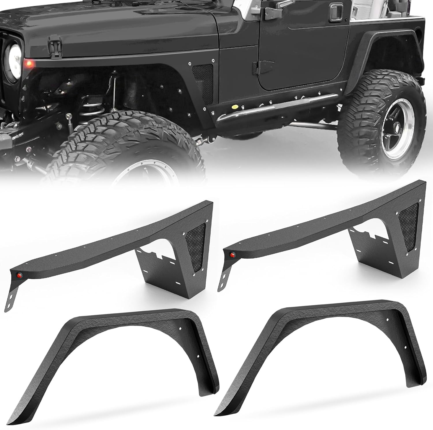 for Jeep Flat Front & Rear Fender Flares Kit - Compatible with 1997-2006 Wrangler TJ & 2004-2006 Wrangler LJ, Off-Road Heavy Duty Steel Wheel Fenders Combo (4 PCS)