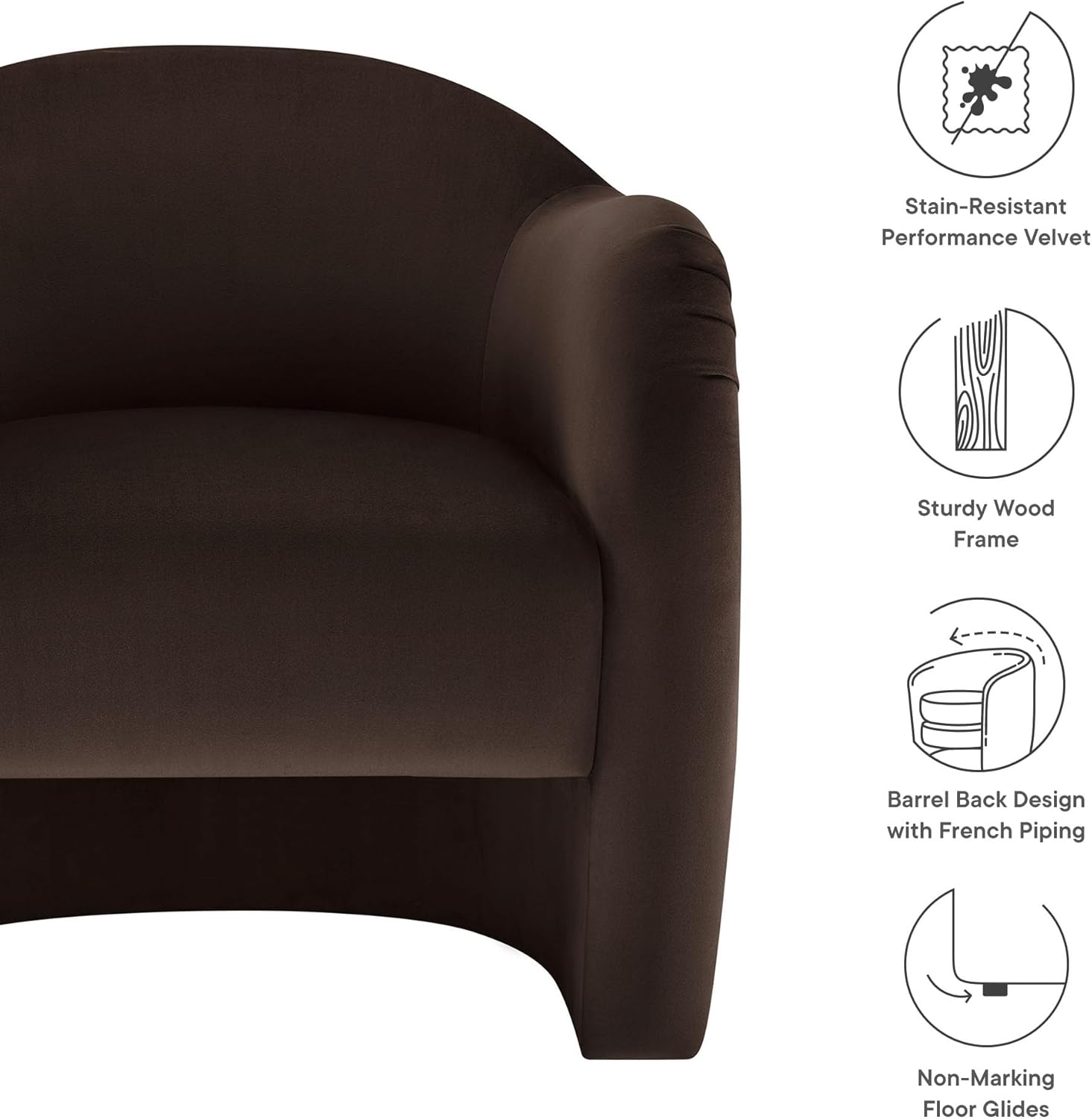 Modway Compose Barrel Chair with Performance Velvet Fabric in Chocolate Brown – Upholstered Accent Armchair with Curved Backrest – Cozy Lounge Chair for Reading – Round Comfy Single Sofa Club Chair