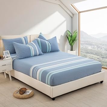 ZIQINPSQ Fitted Sheet, Striped Mattress Protector, Striped Fitted Mattress Pad Cover with Deep Pocket Up to 18. Grayish Blue, Full