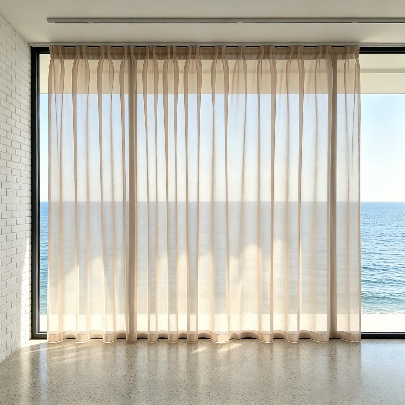 FEIJDON Sheer Curtains 145 x 195 cm Protect Privacy Net Voile Privacy Curtains Sheer – Energy-Saving Panels with UV Light for Kitchen, Patio, Hotel, Light brown